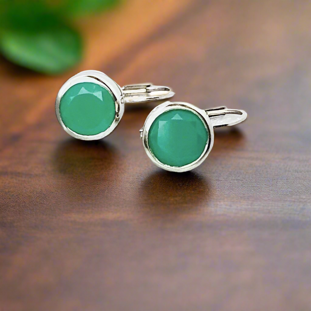 Faceted Genuine Chrysoprase Dangle Earrings Bezel Set 14k White