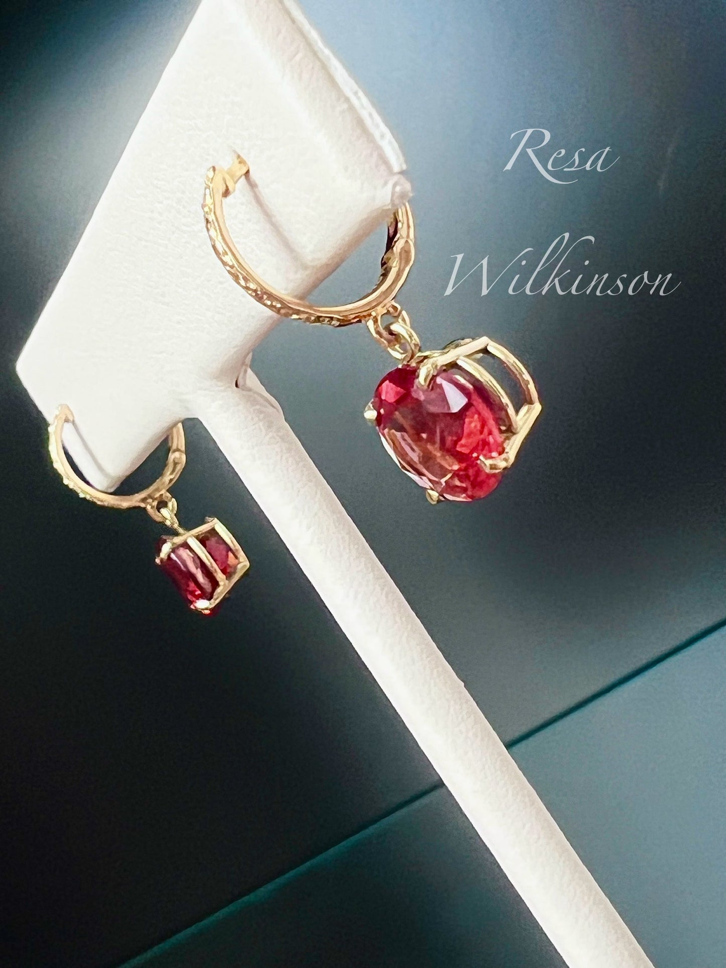 Red Oregon Sunstone Engraved 14k Gold Dangle Earrings