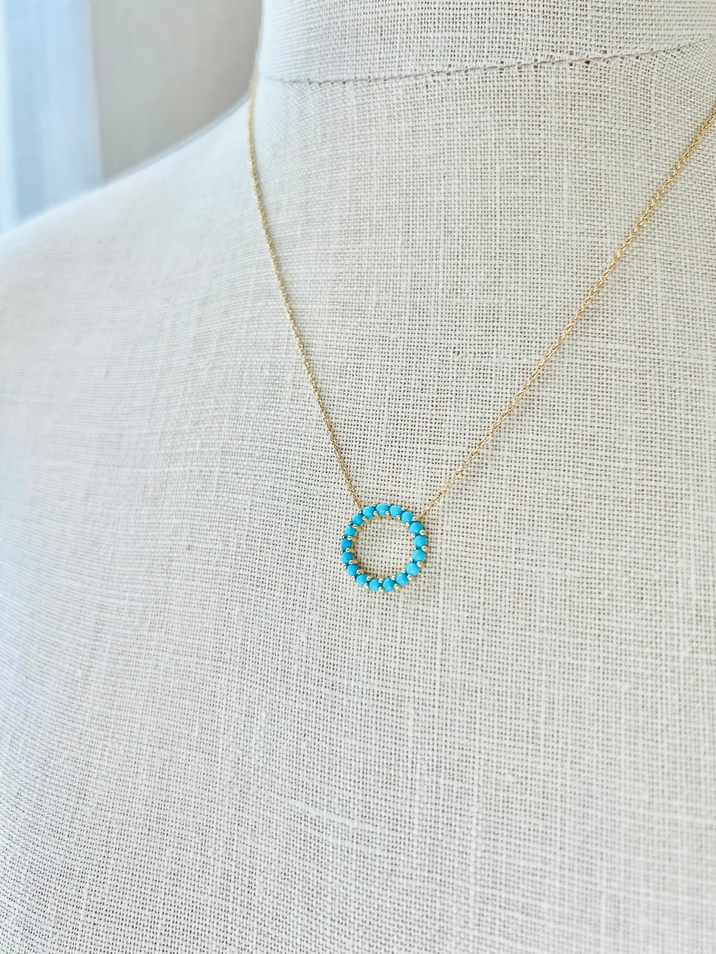 Natural Turquoise Circle Cabochon Necklace 14k Gold