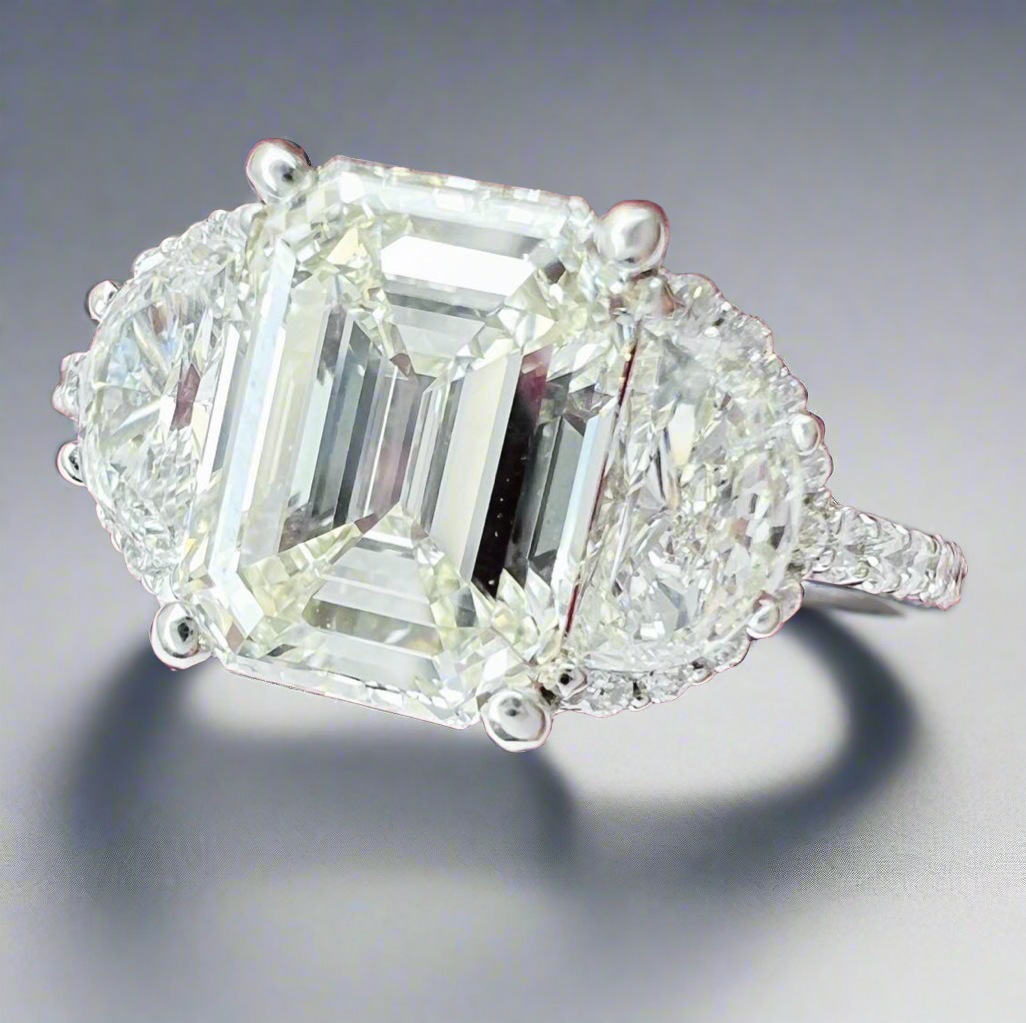 Emerald Cut VVS1 Natural Diamond with Half Moon Side Stones 2.58 Carats Diamond Engagement Ring