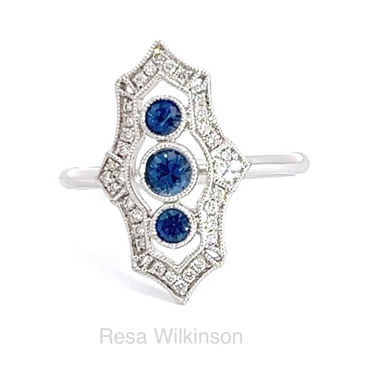 Blue Sapphire and Diamond Ring Vintage Inspired