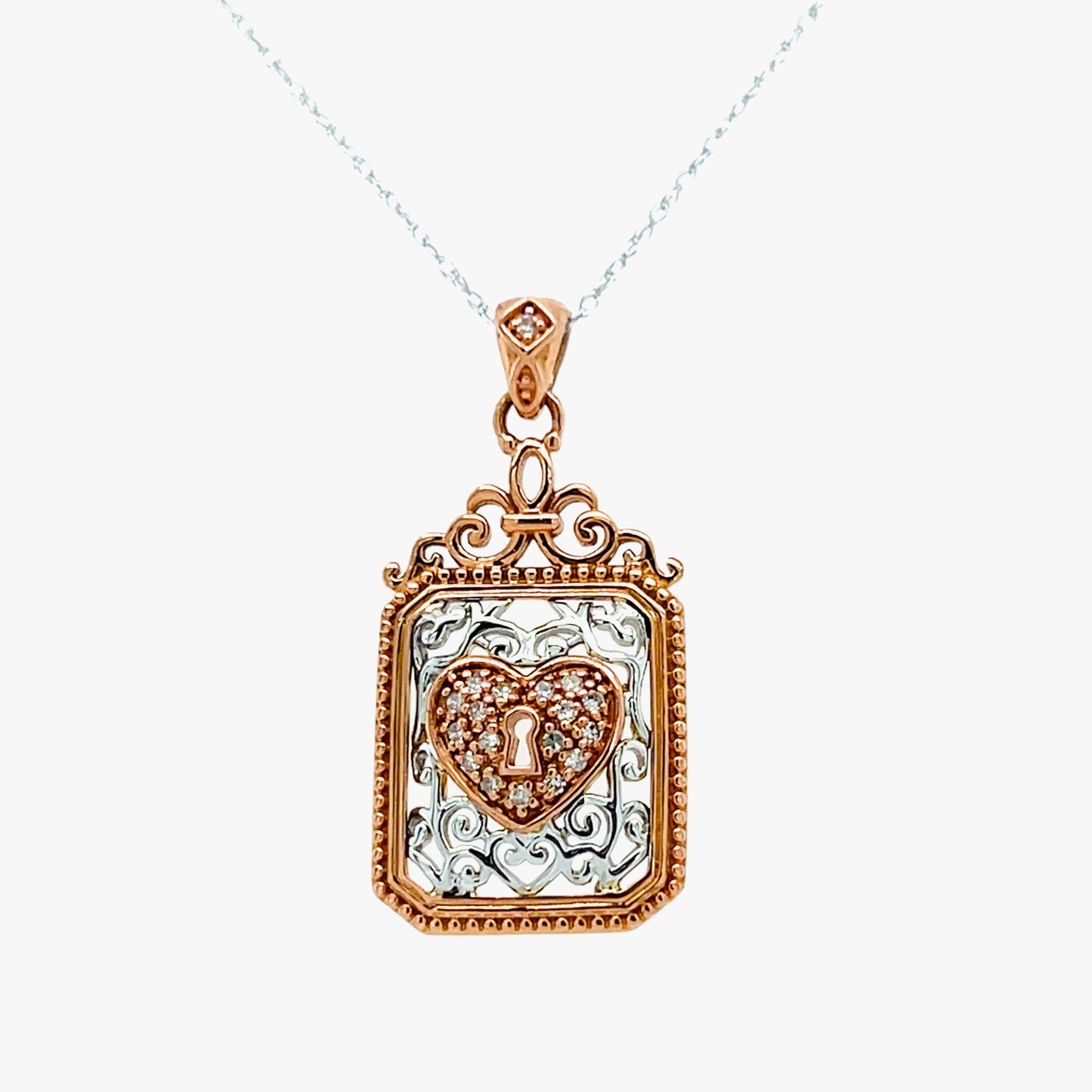 Filigree Diamond Rose Gold Heart Lock Vintage Inspired