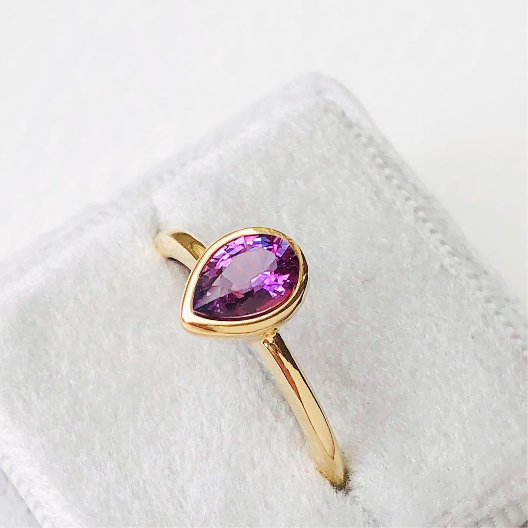 Pear Shape Purple Sapphire Bezel Set Ring 18k Gold