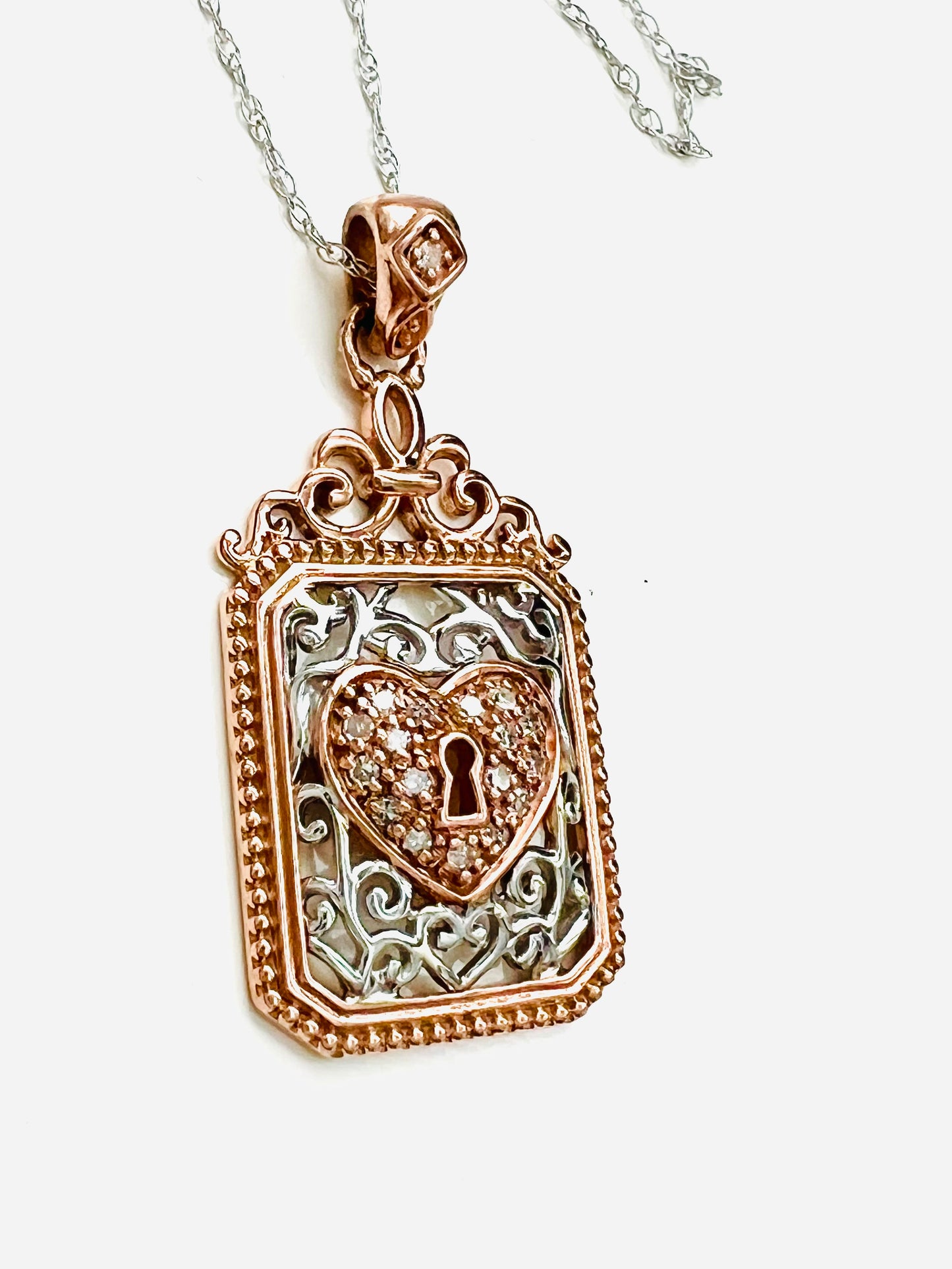 Filigree Diamond Rose Gold Heart Lock Vintage Inspired