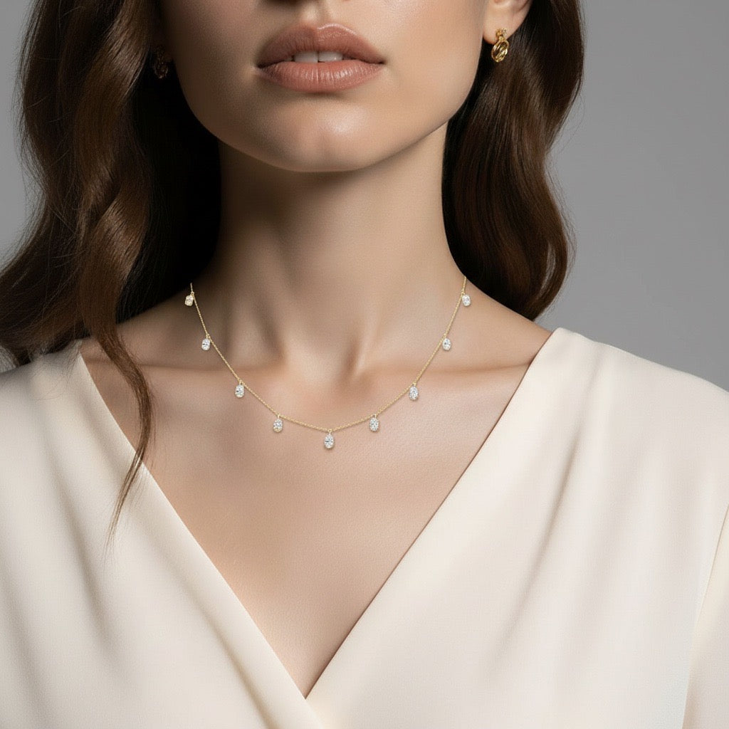 Oval Diamond Dangle Necklace 18k Yellow Adjustable 1.63 Carats