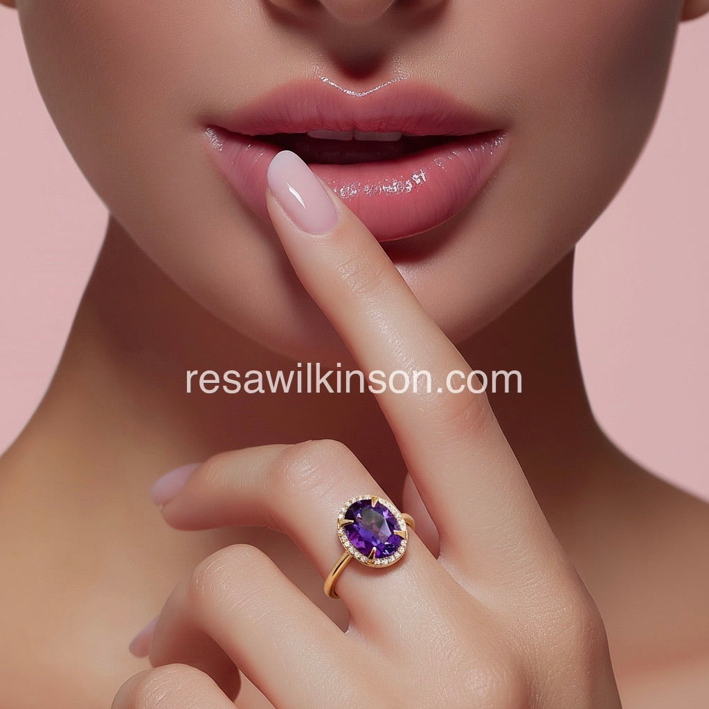 Natural 2.45 Carat Amethyst Diamond Halo Ring 14k Gold
