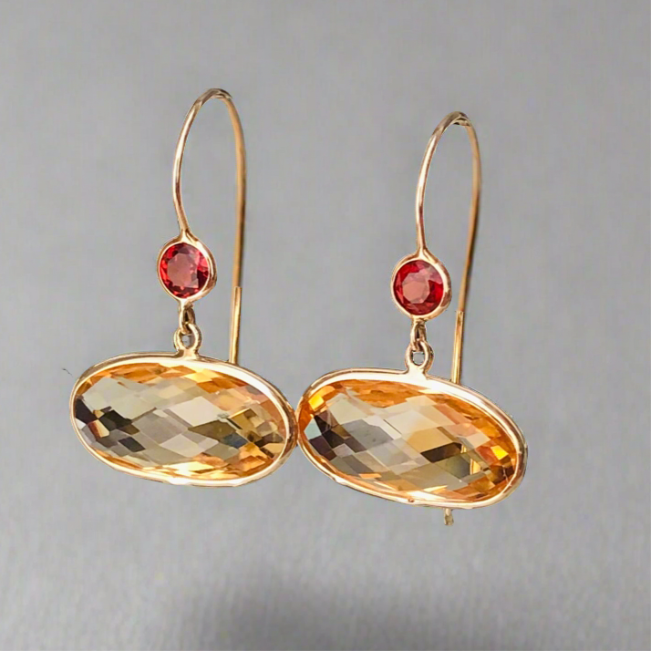 Citrine and Garnet Dangle Earrings 14k Yellow Gold