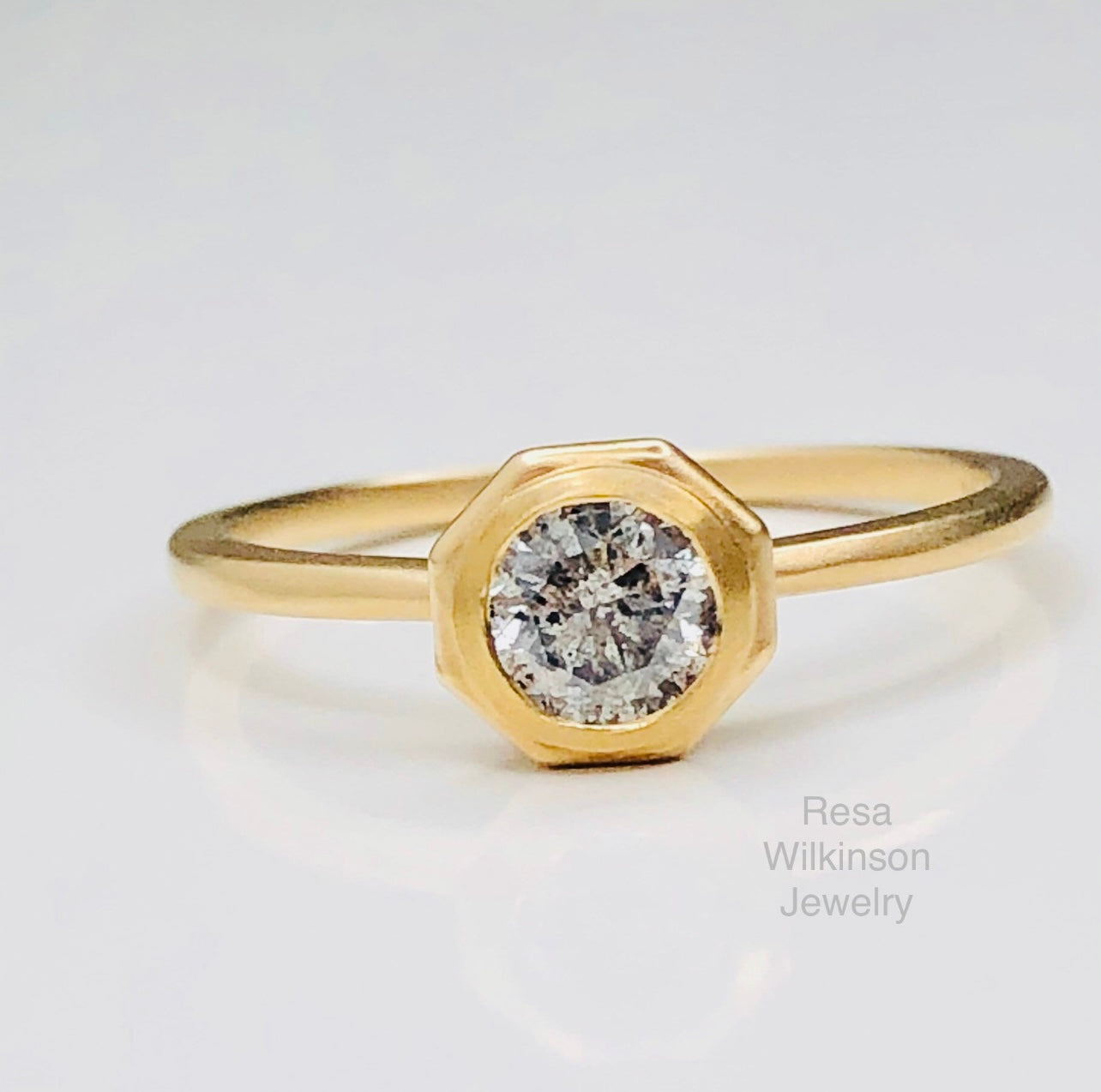 Grey Diamond Hexagon Shape Solitaire Ring Yellow Gold