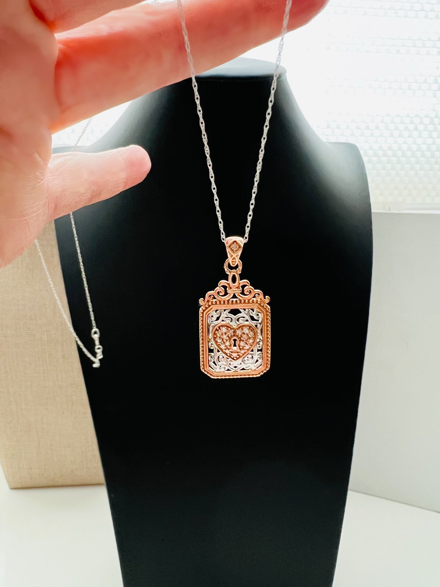 Filigree Diamond Rose Gold Heart Lock Vintage Inspired