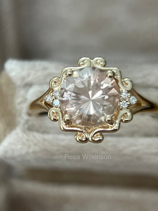 Oregon Sunstone & Diamond Rose' Champagne Tone Ring