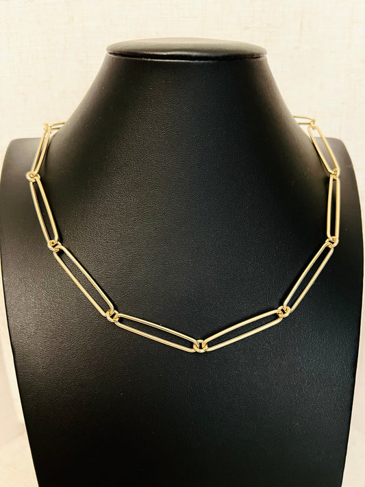 Elongated Paperclip Link Necklace Polished 14k Gold