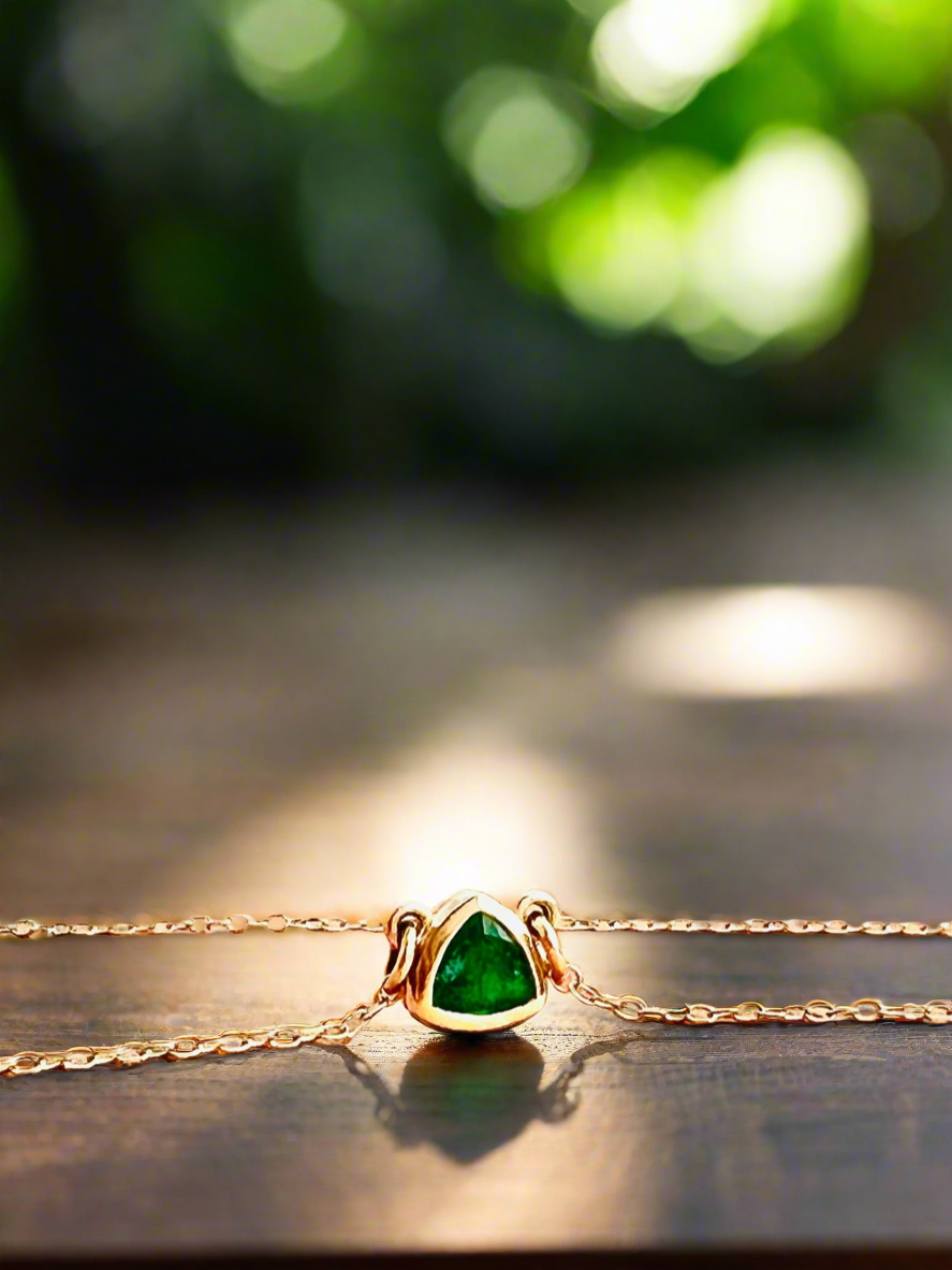 Emerald Solitaire Necklace 14k Yellow Gold Triangle Shape