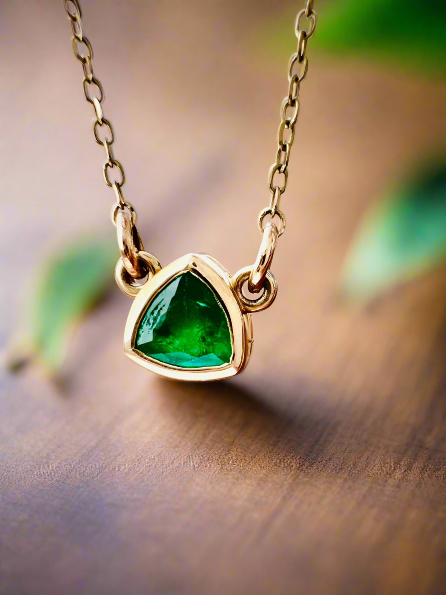 Emerald Solitaire Necklace 14k Yellow Gold Triangle Shape