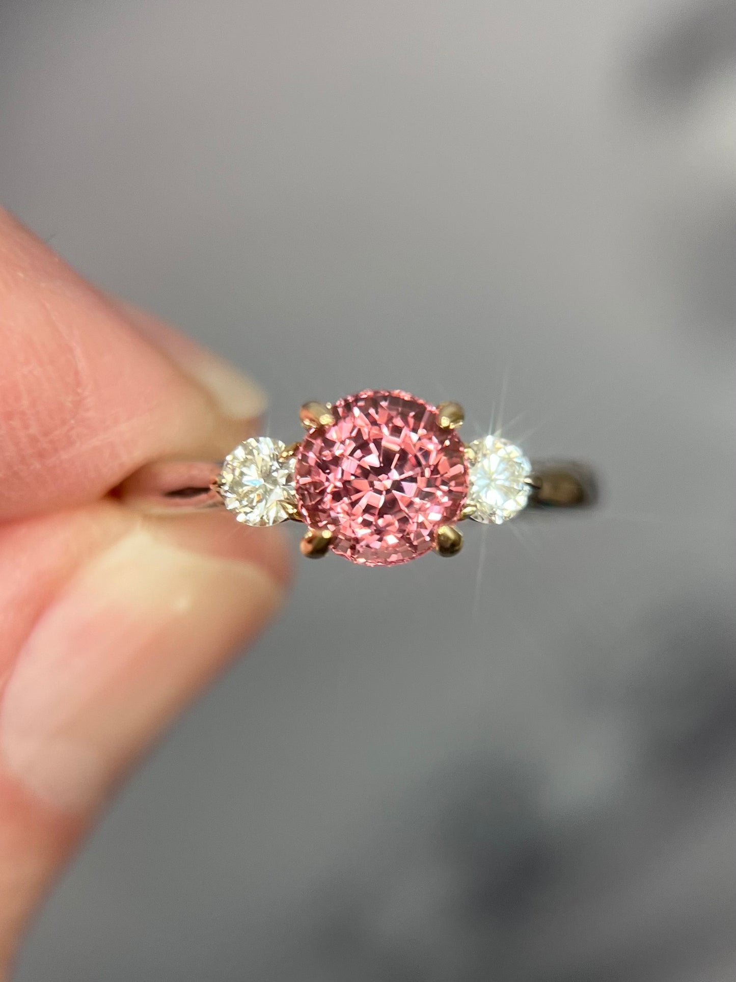 Peach Spinel and Diamond Three Stone Engagement Ring