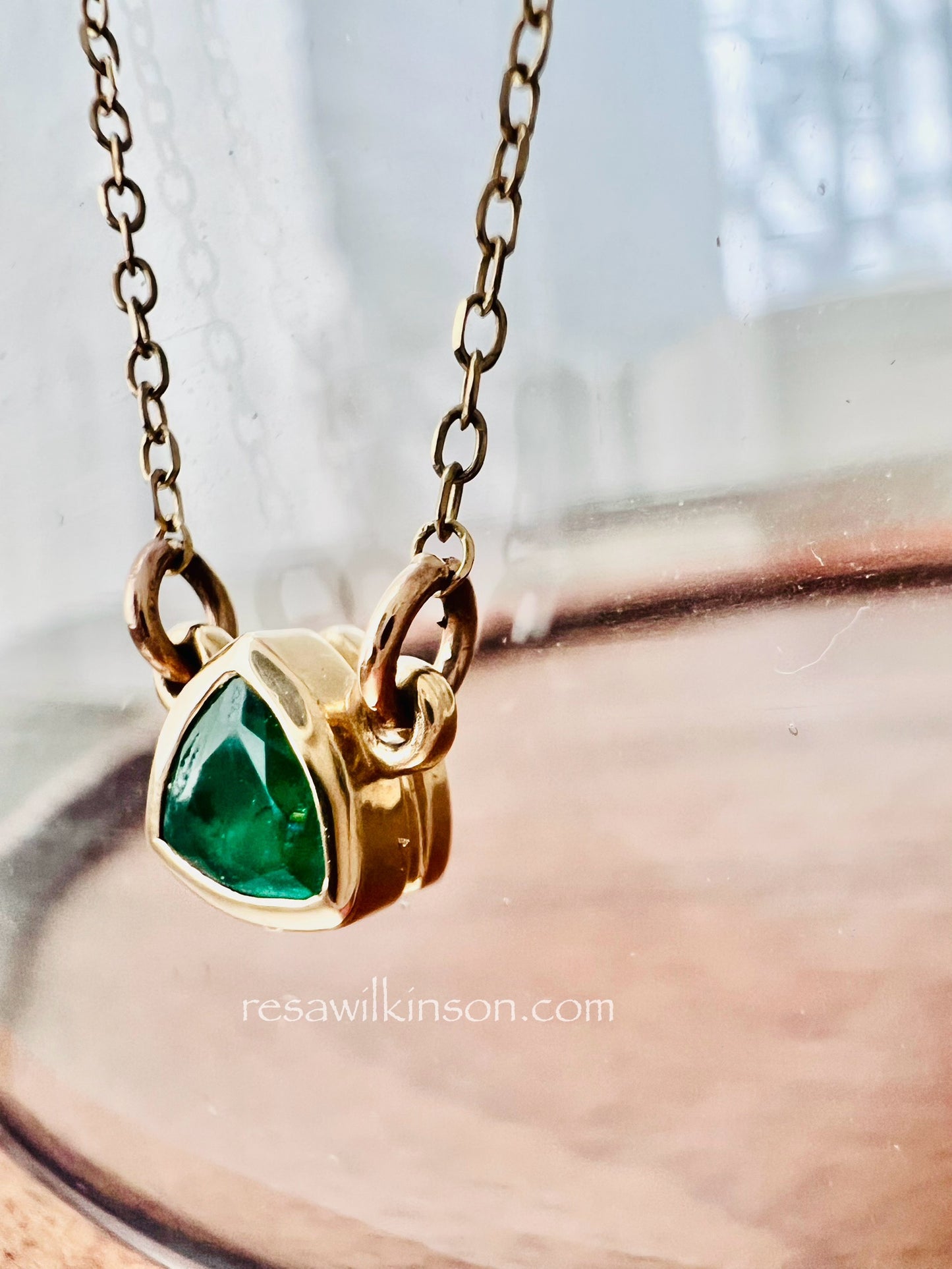 Emerald Solitaire Necklace 14k Yellow Gold Triangle Shape