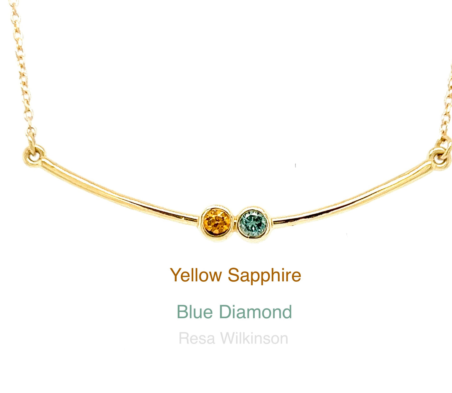 Blue Diamond Yellow Sapphire Bar Necklace 14k