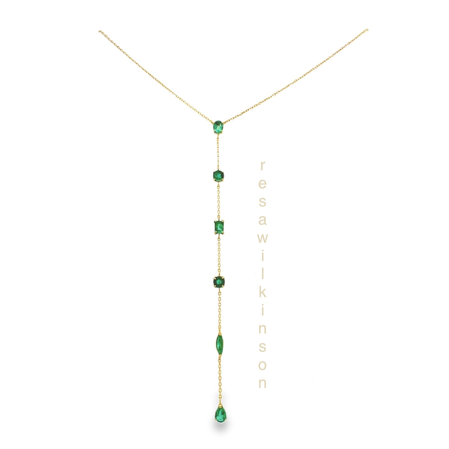 Emerald Lariat Gold Necklace Mixed Cut Stones