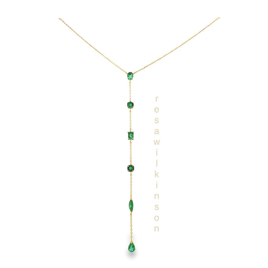 Emerald Lariat Gold Necklace Mixed Cut Stones