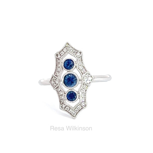 Blue Sapphire and Diamond Vintage Inspired Ring