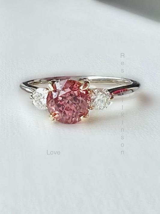 Peach Spinel and Diamond Three Stone Engagement Ring
