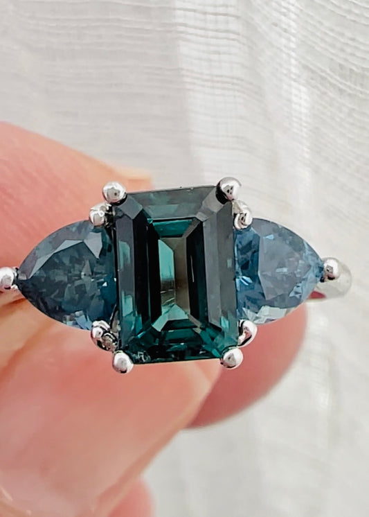 Teal Tourmaline and Sapphire Three Stone Ring