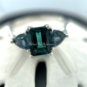 Teal Tourmaline and Sapphire Three Stone Ring
