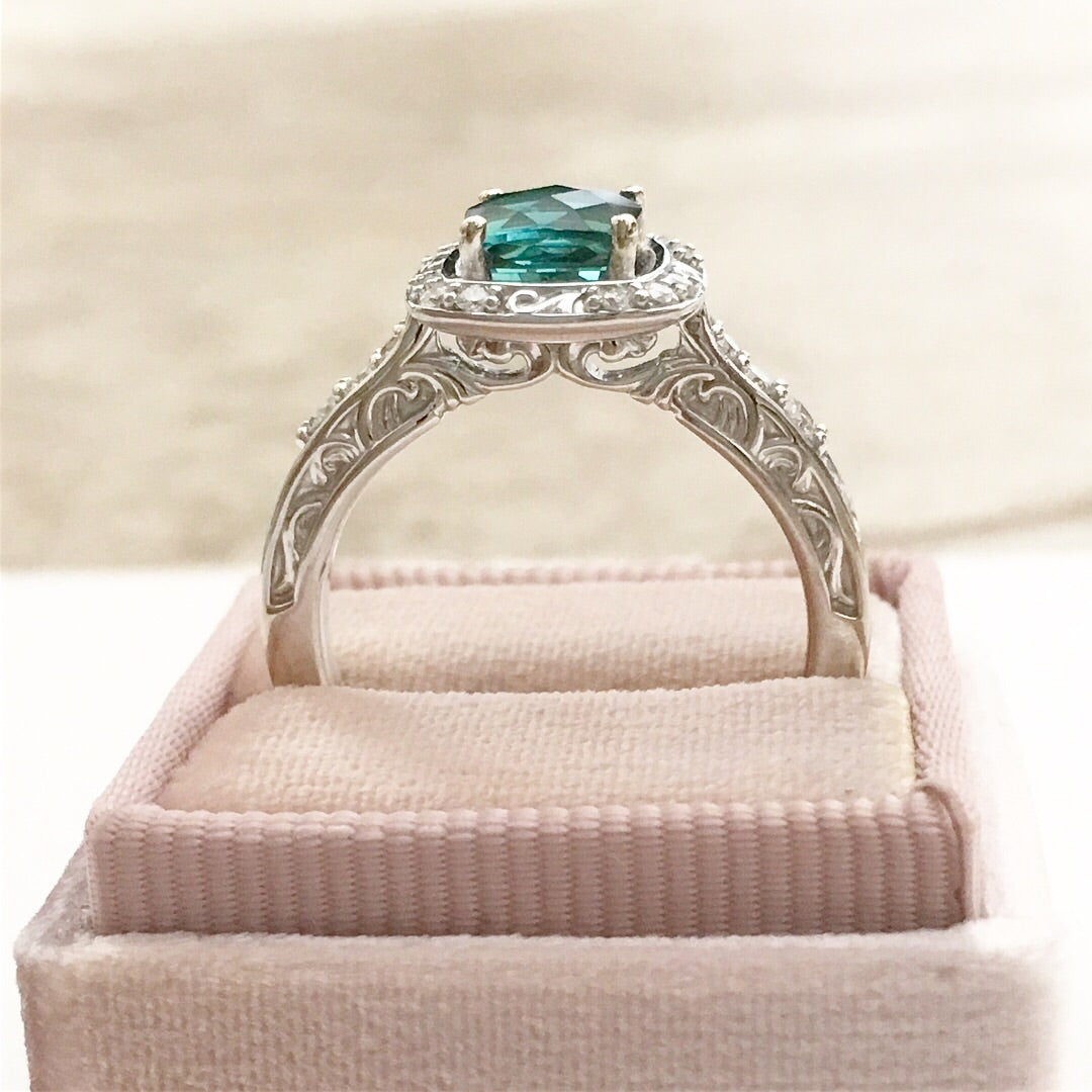 Teal Tourmaline Diamond Halo Ring Fair Trade Gemstone
