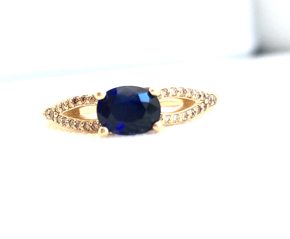 Blue Sapphire and Champagne Diamond Ring East West Setting