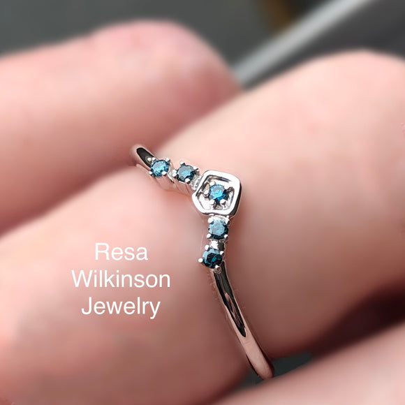 Teal Blue Diamond Contour Ring White Gold Accent Ring