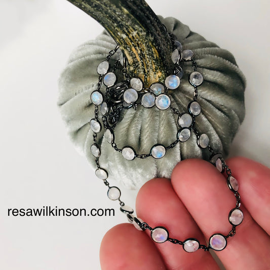 Rainbow Moonstone Black Gold Necklace