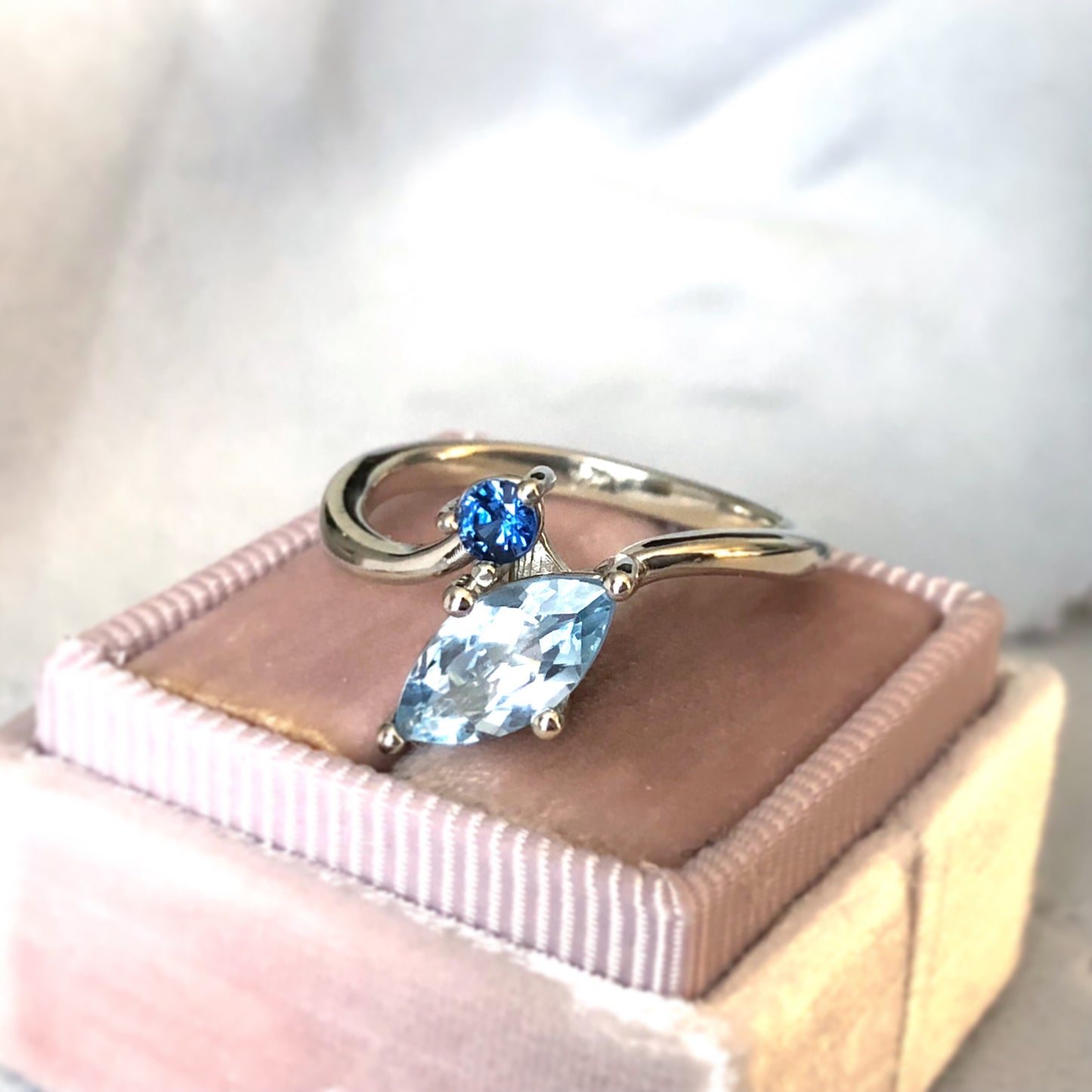 Aquamarine and Blue Sapphire Side by Side Ring Toi et Moi Style