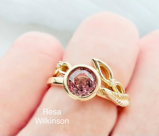 Pink Spinel Gold Leaf Ring Nature Inspired