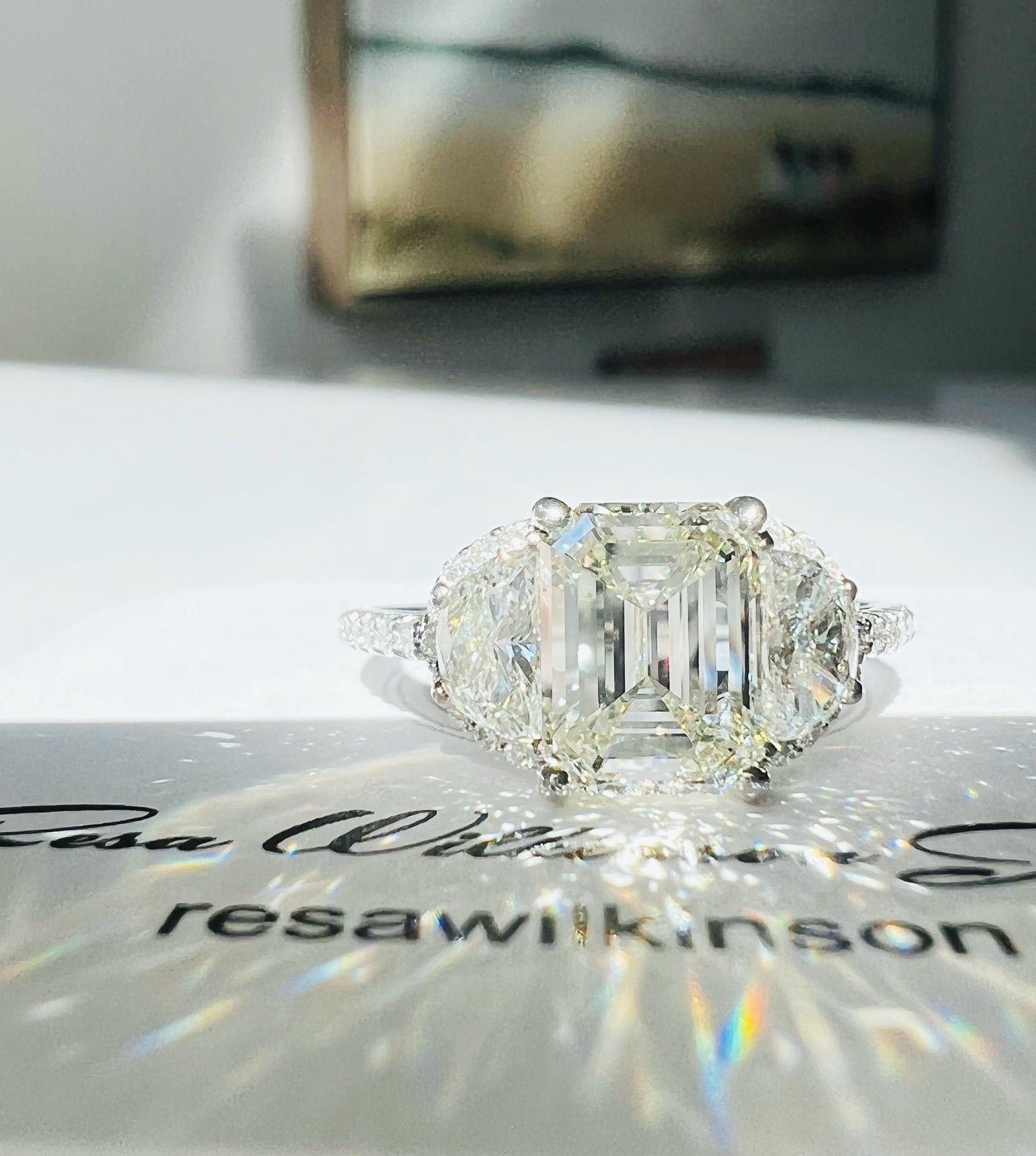 Emerald Cut and Half Moon 2.58 Carats Diamond Engagement Ring