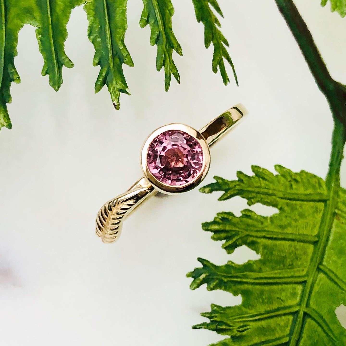 Pink Spinel Gold Leaf Ring Nature Inspired