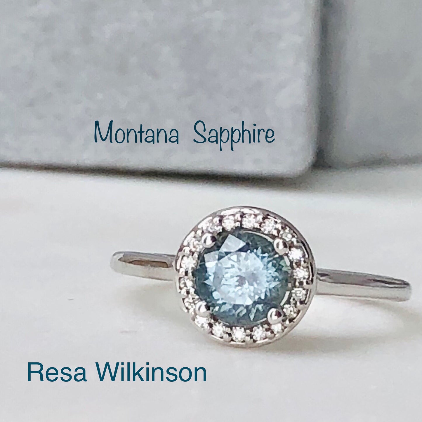 Montana Blue Sapphire Diamond Halo Engagement White Gold